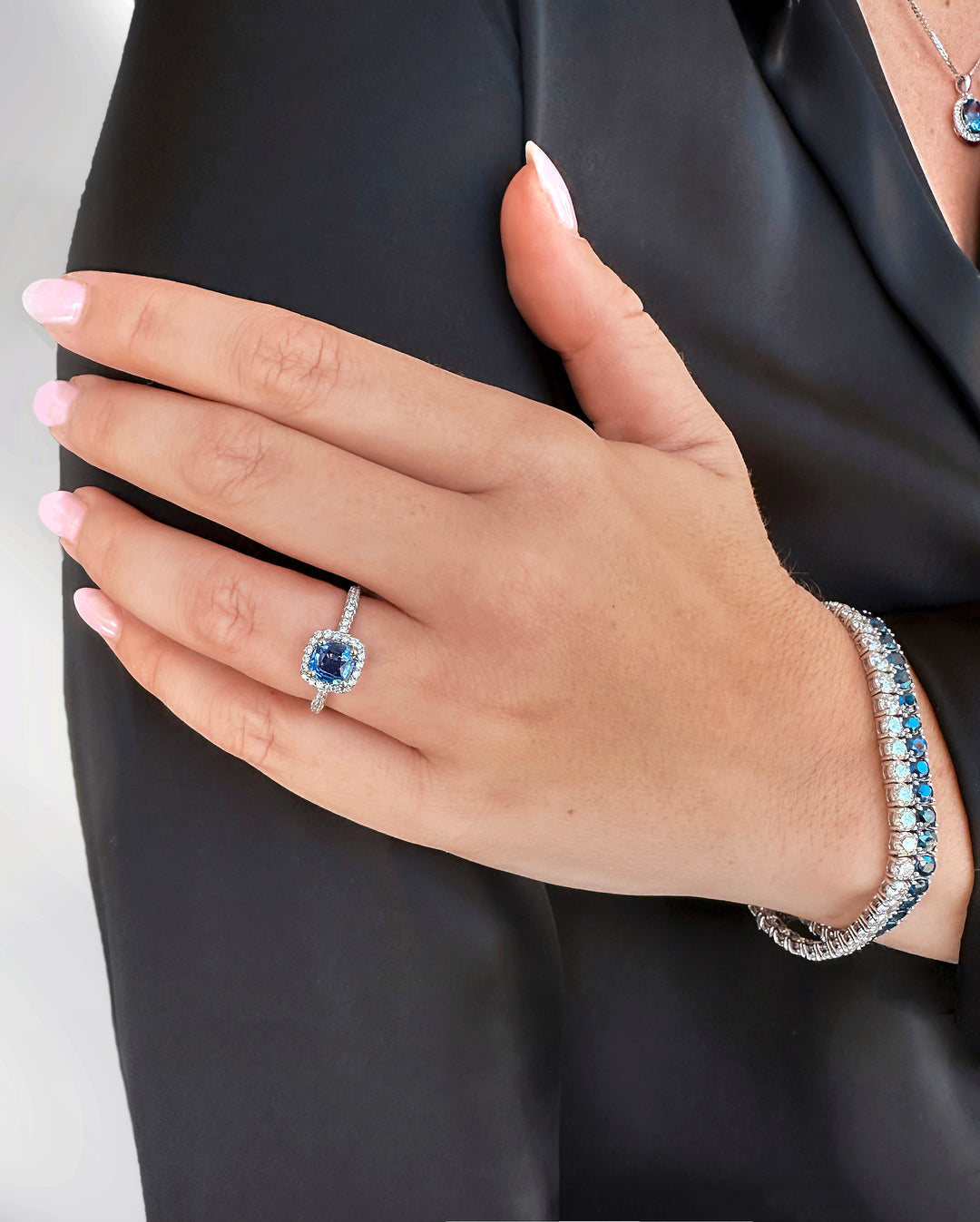 Blue Sapphire Cushion Cut Halo Ring