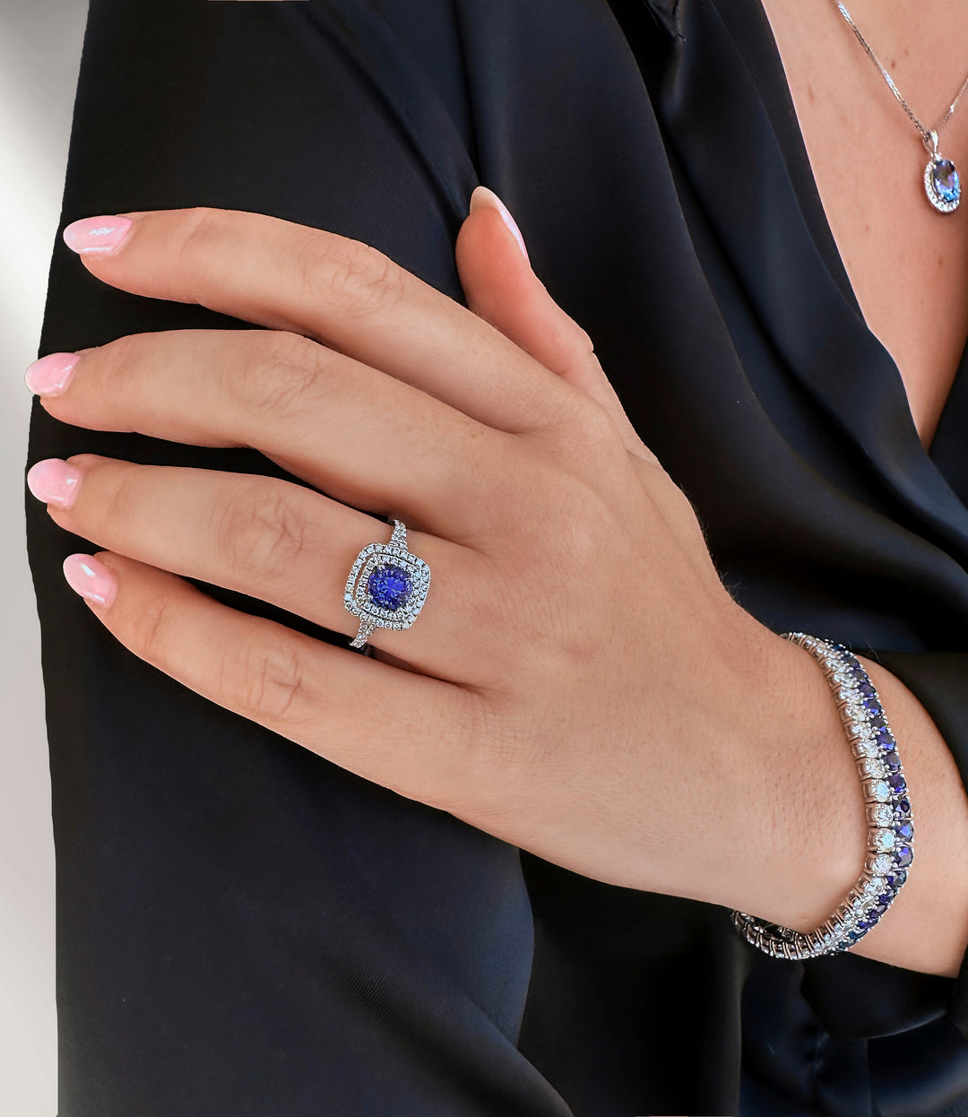 Blue Sapphire and Diamond Double Halo Ring
