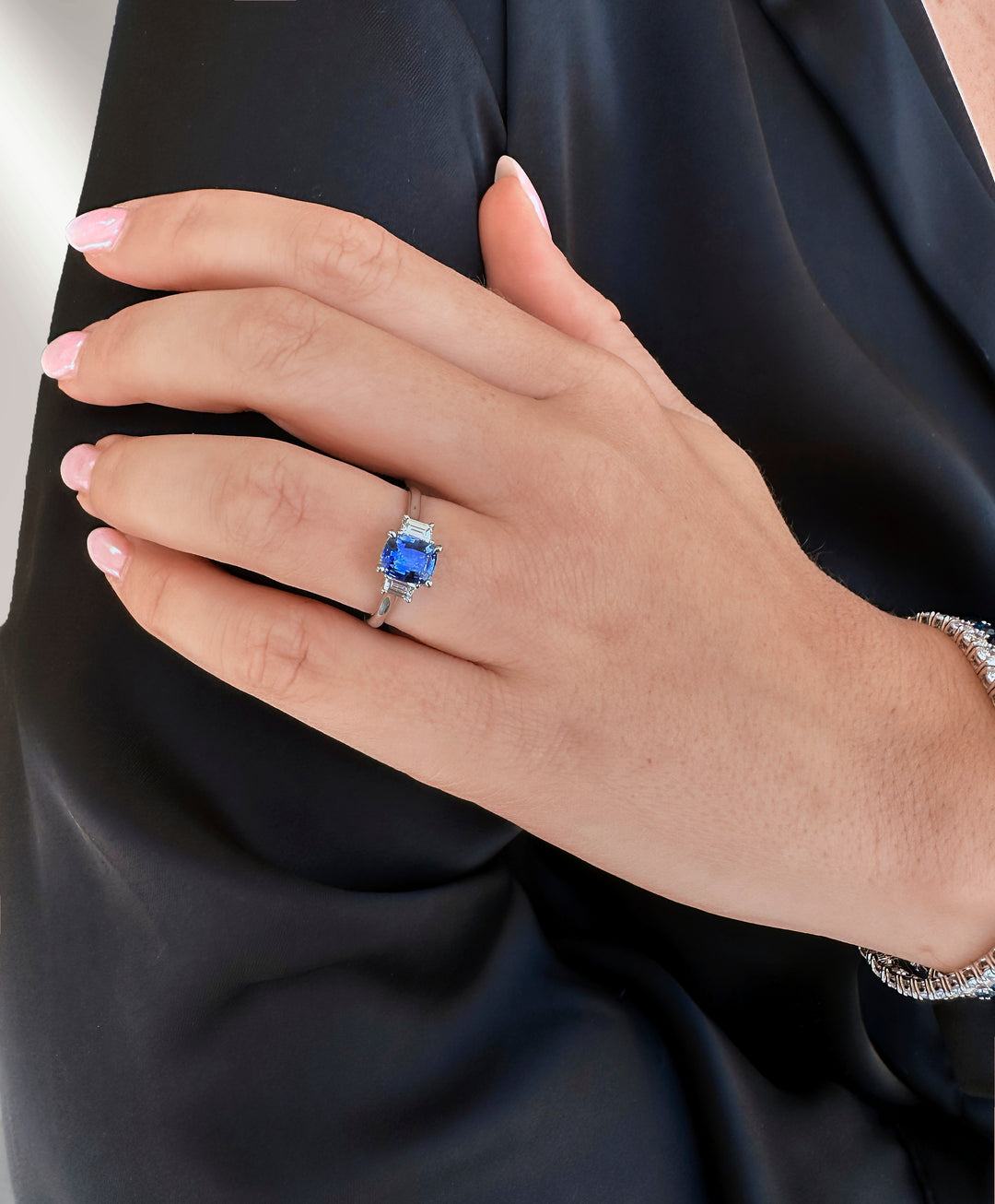 Blue Sapphire and Diamond Trilogy Ring