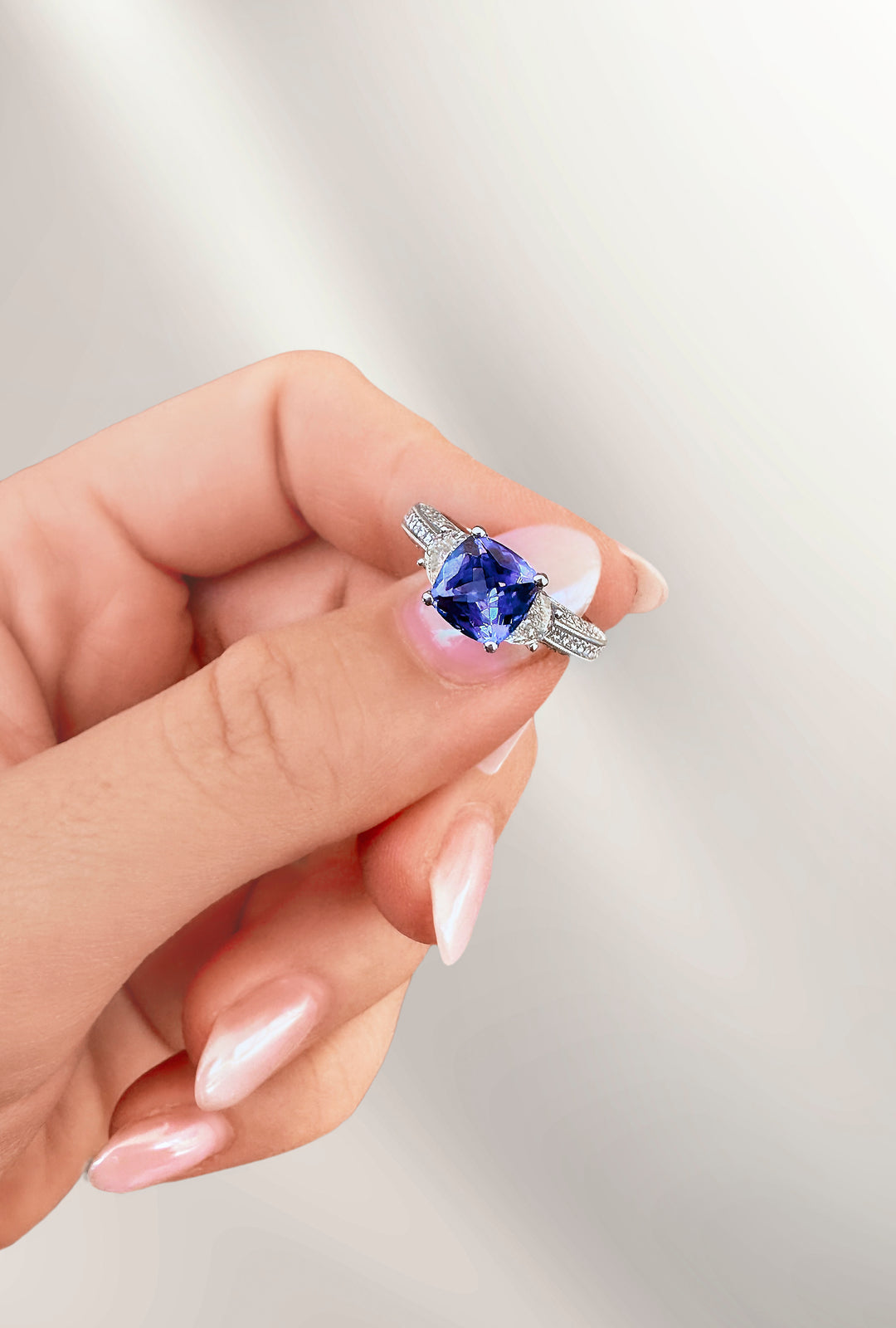 Tanzanite Cushion Trilogy Ring