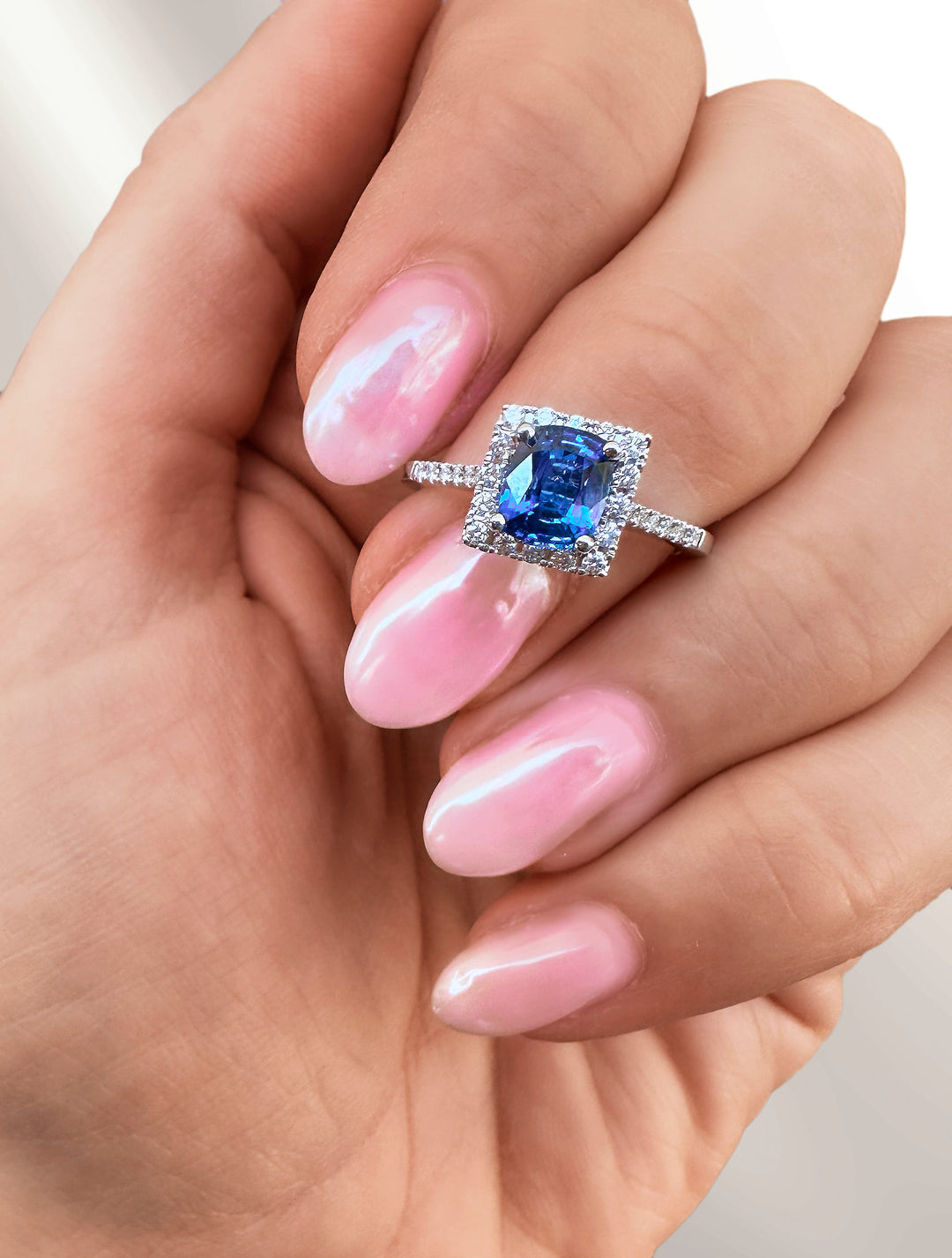 Blue Sapphire Cushion Cut Halo Ring