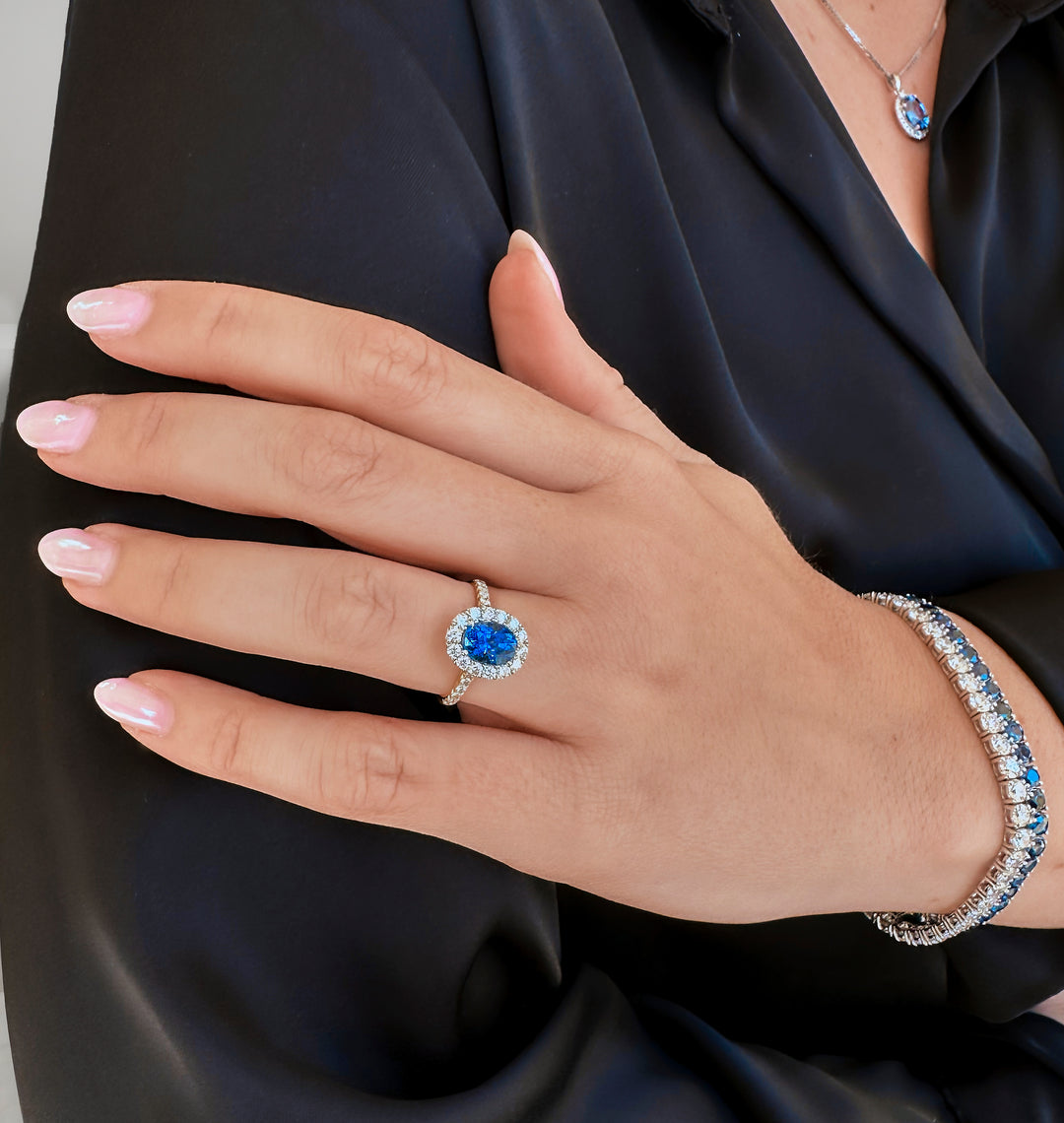 Blue Sapphire Oval Halo Engagement Ring