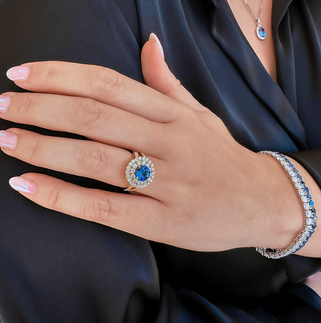 Blue Sapphire Round Double Halo Ring