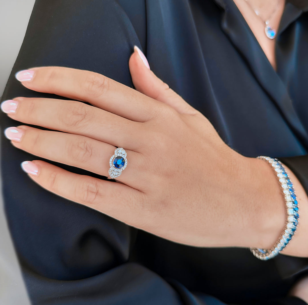 Blue Sapphire Oval Cut Engagement Ring - Trilogy Ring