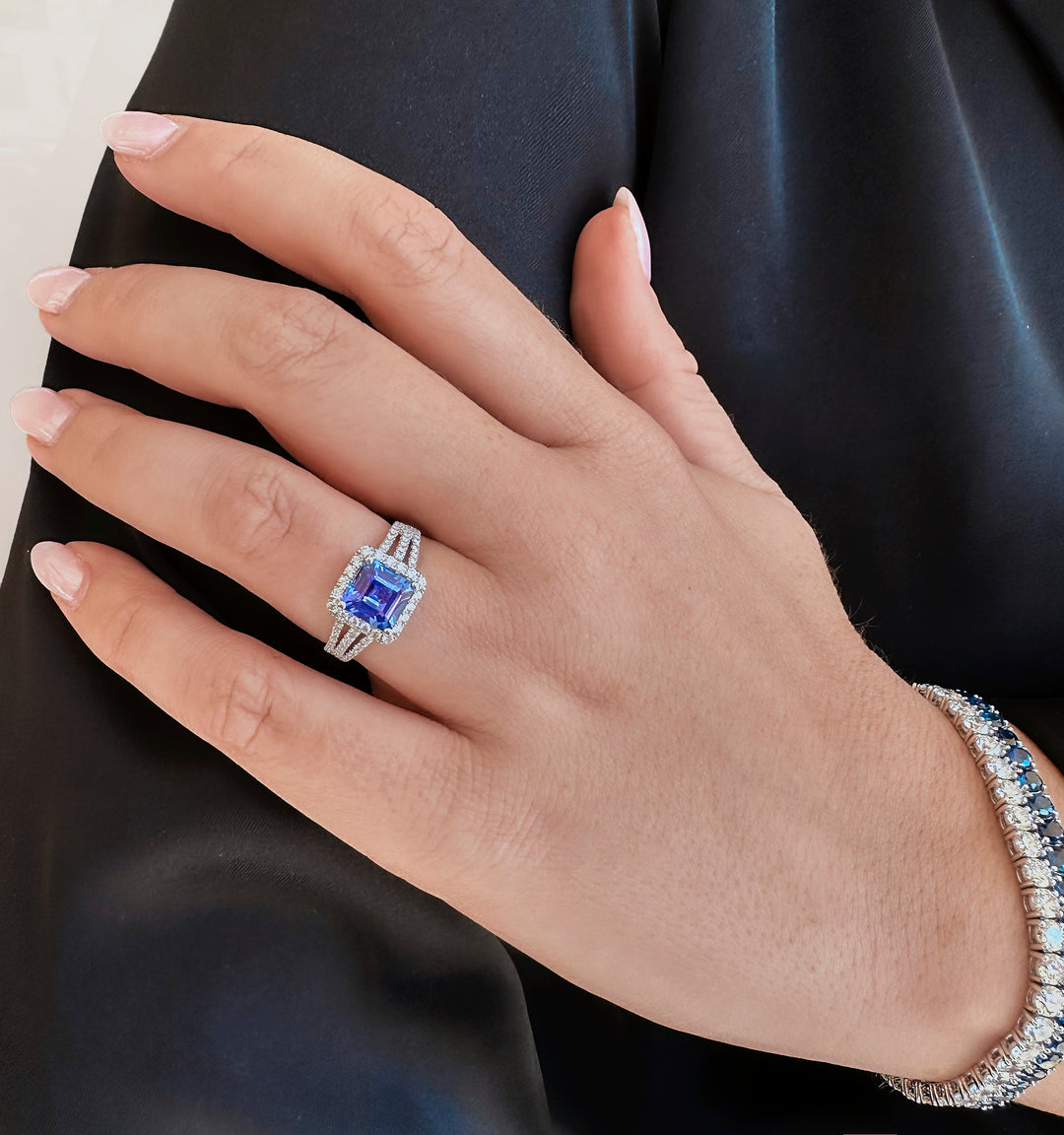 Tanzanite Emerald Cut Halo Ring