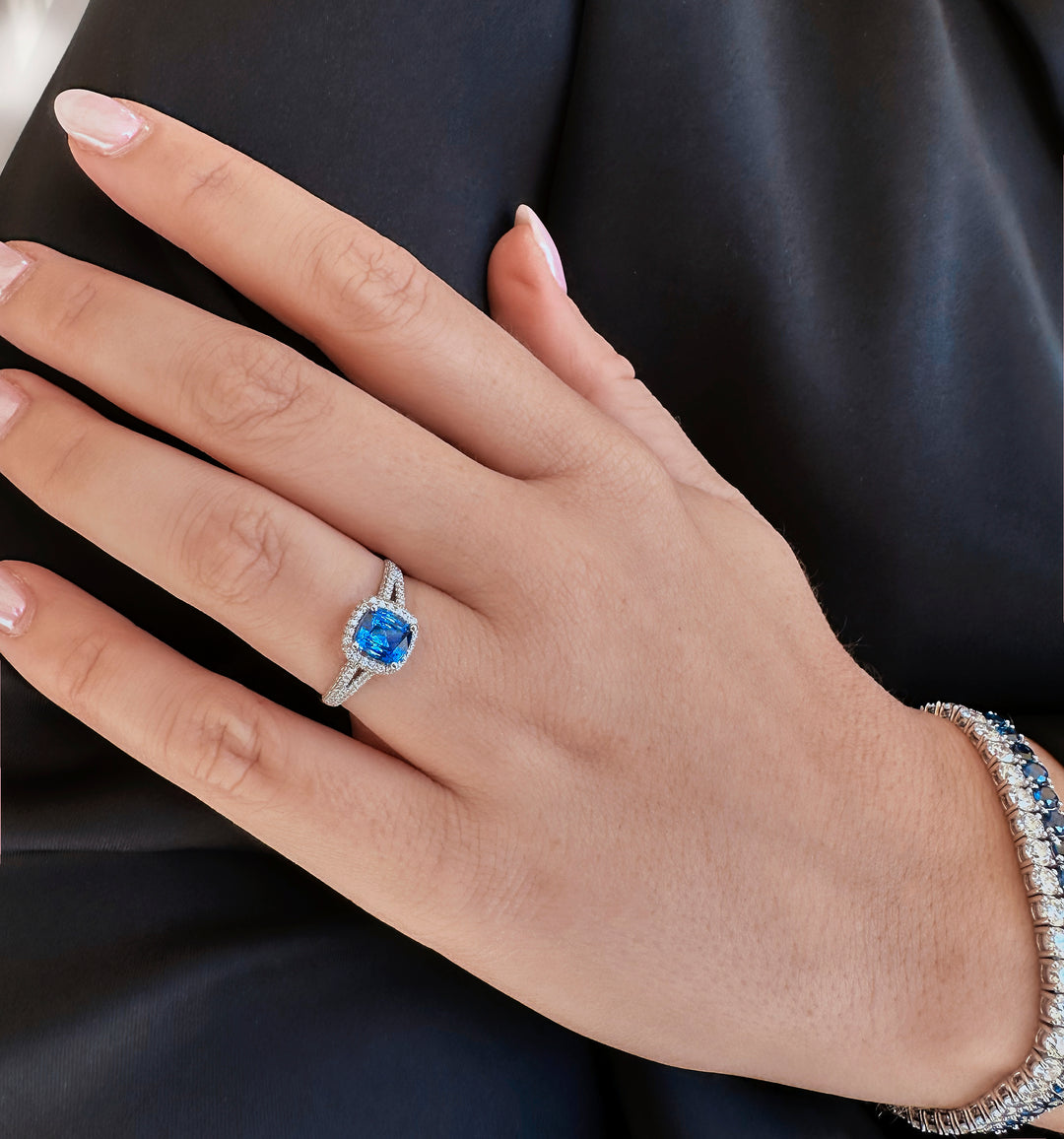 Blue Sapphire Cushion Cut Halo Ring
