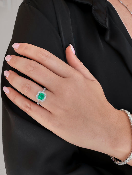 Emerald and Diamond Halo Ring