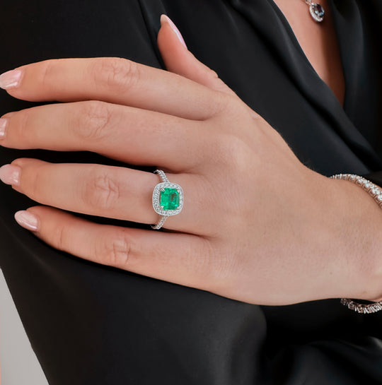 Emerald and Diamond Halo Ring