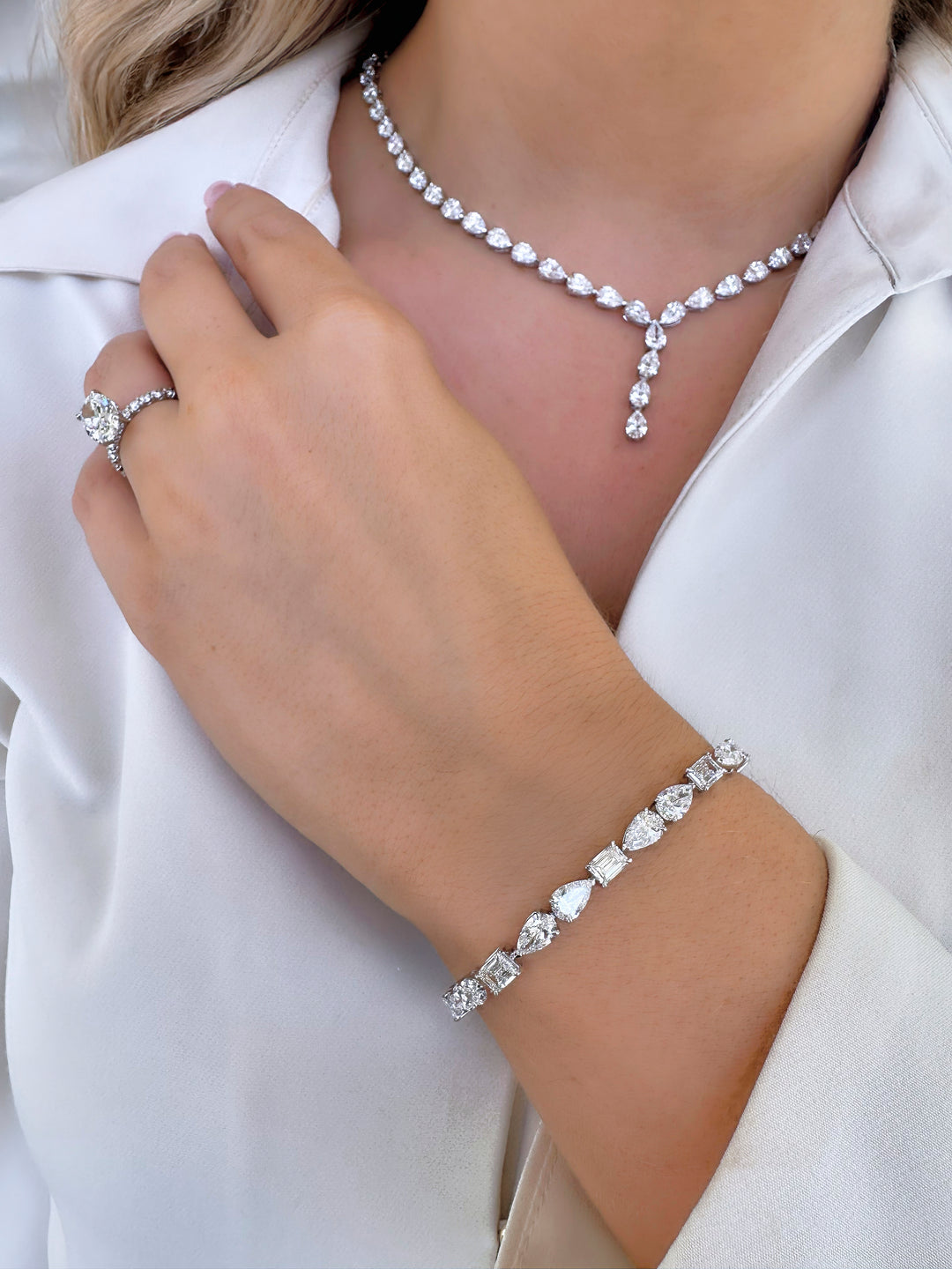 Pear and Emerald Diamond Tennis Bracelet