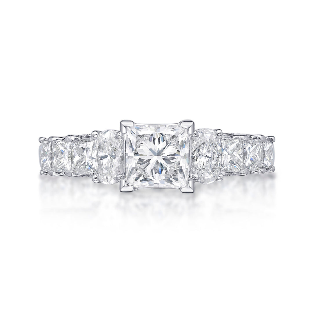 The Amelia princess cut engagement ring is a 18ct white gold ring featuring a princess cut diamond set in four claws