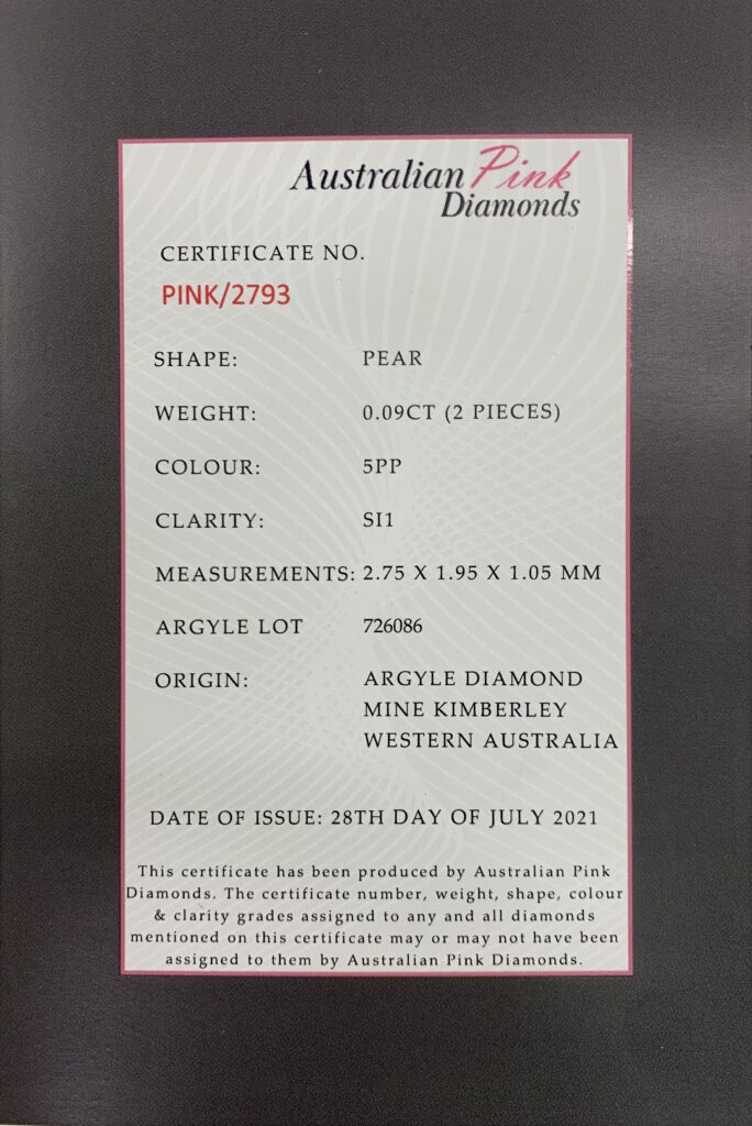 Argyle Certified Pink 2=0.09ct Pear 5PP SI1