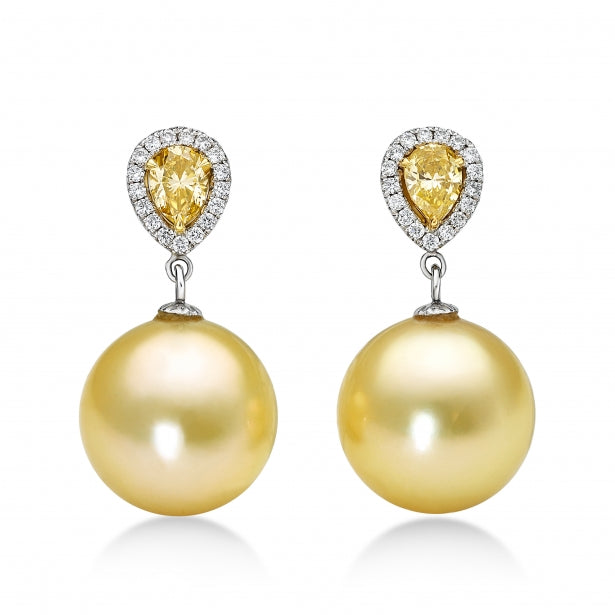 Pearl Earrings Pear Shape Yellow Diamonds