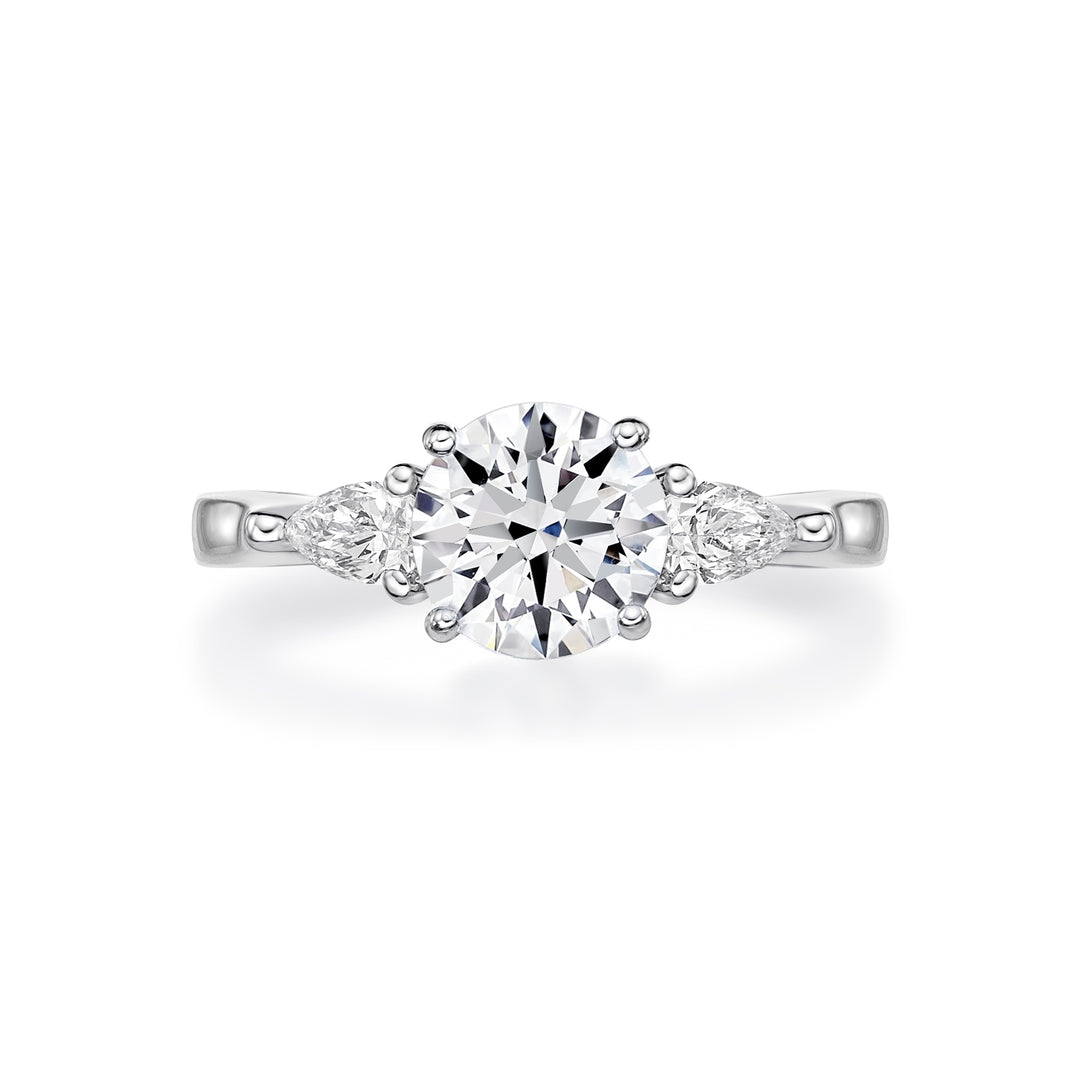 Rachel - Round Brilliant Cut Diamond Engagement Ring with 2 Pear Shape Diamonds on Side