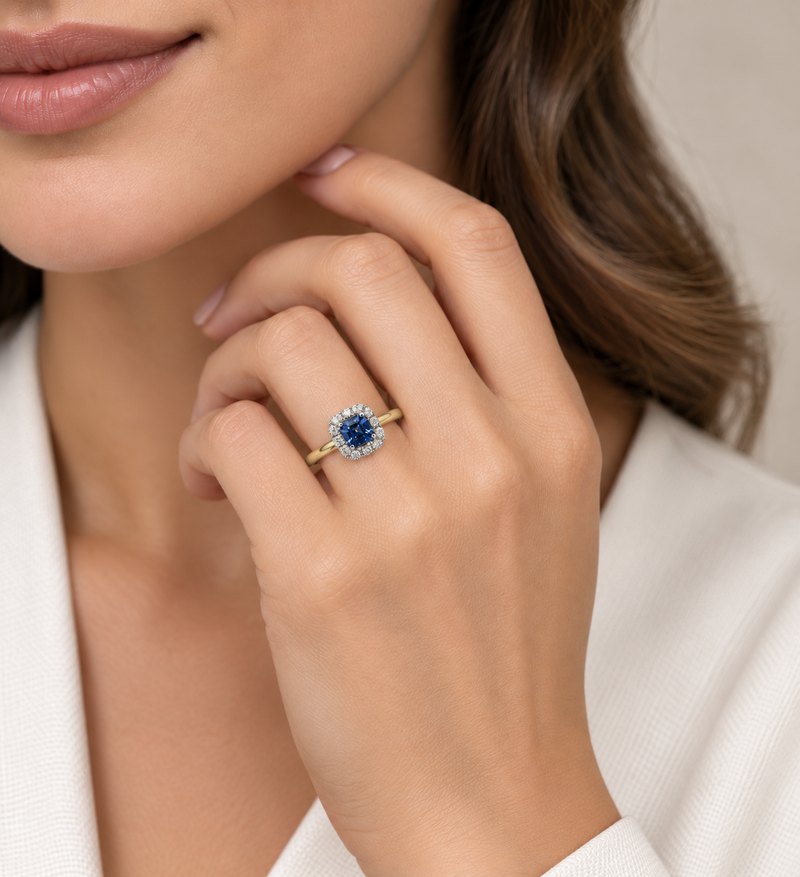 Blue Sapphire Asscher Cut Halo Ring