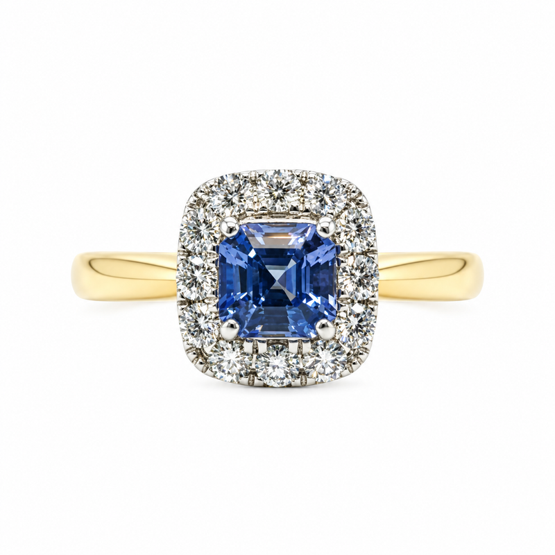 Blue Sapphire Asscher Cut Halo Ring