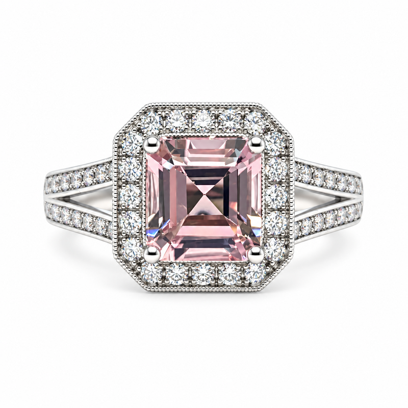 Morganite and Diamond Halo Ring