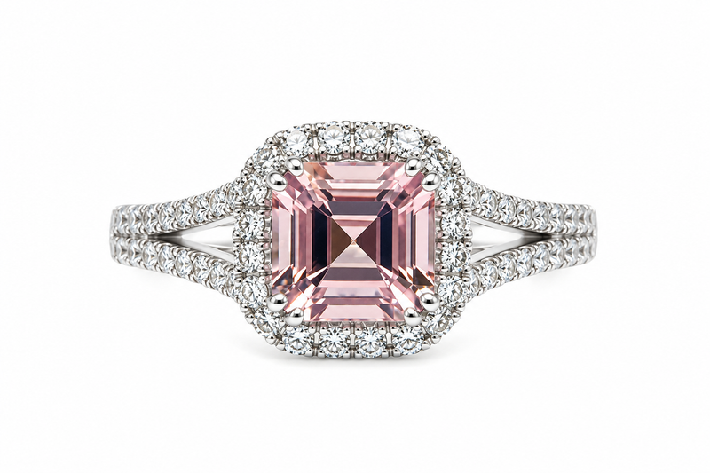 Morganite and Diamond Halo Ring