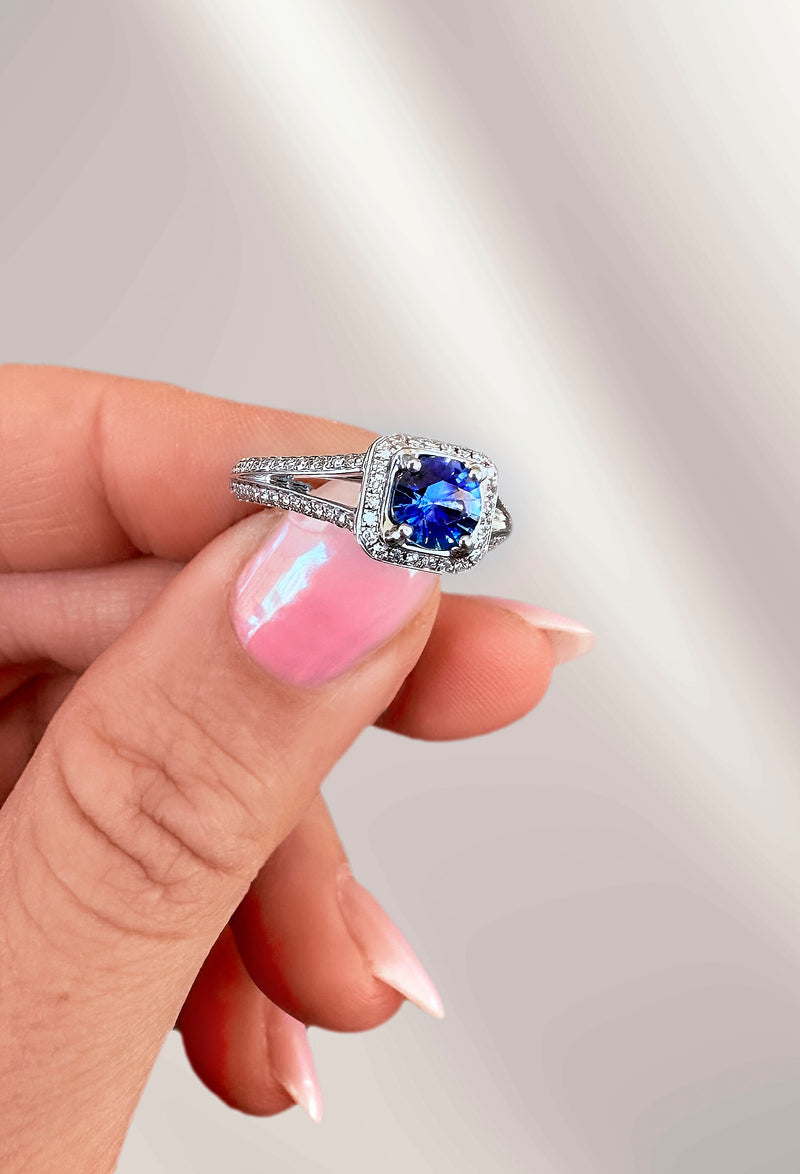 Blue Sapphire and Diamond Halo Ring