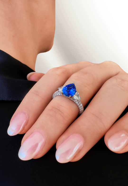 Pear Blue Sapphire Trilogy Ring