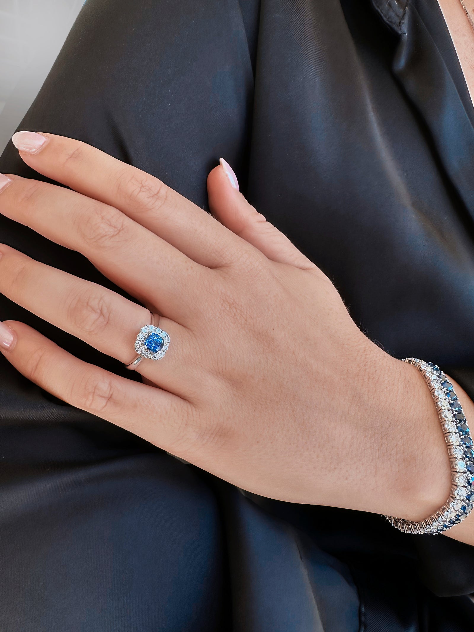 Blue Sapphire Cushion Cut Halo Ring