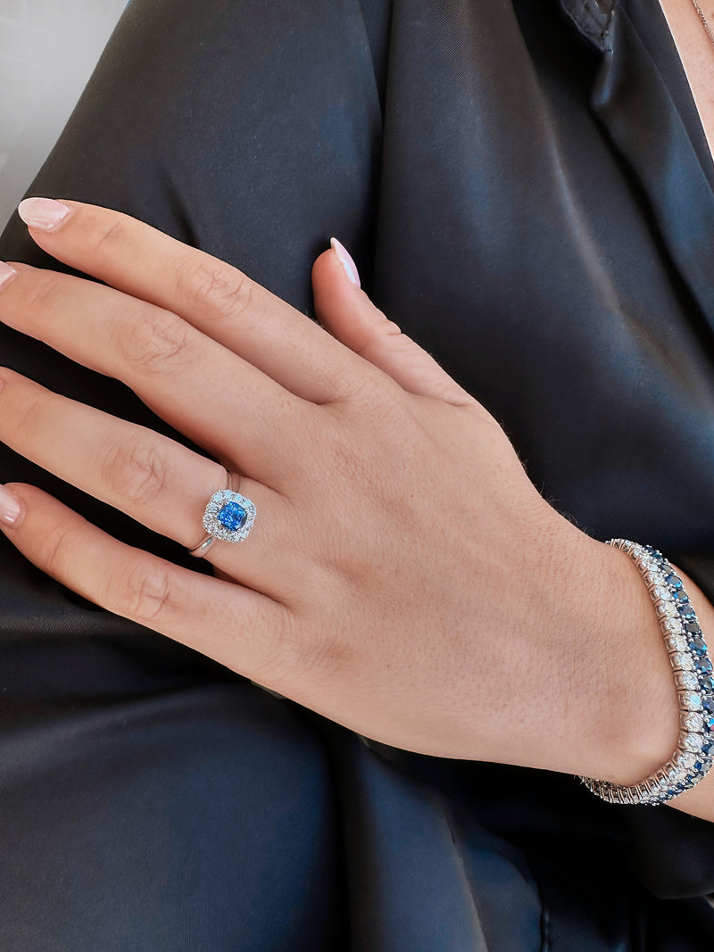Blue Sapphire Cushion Cut Halo Ring