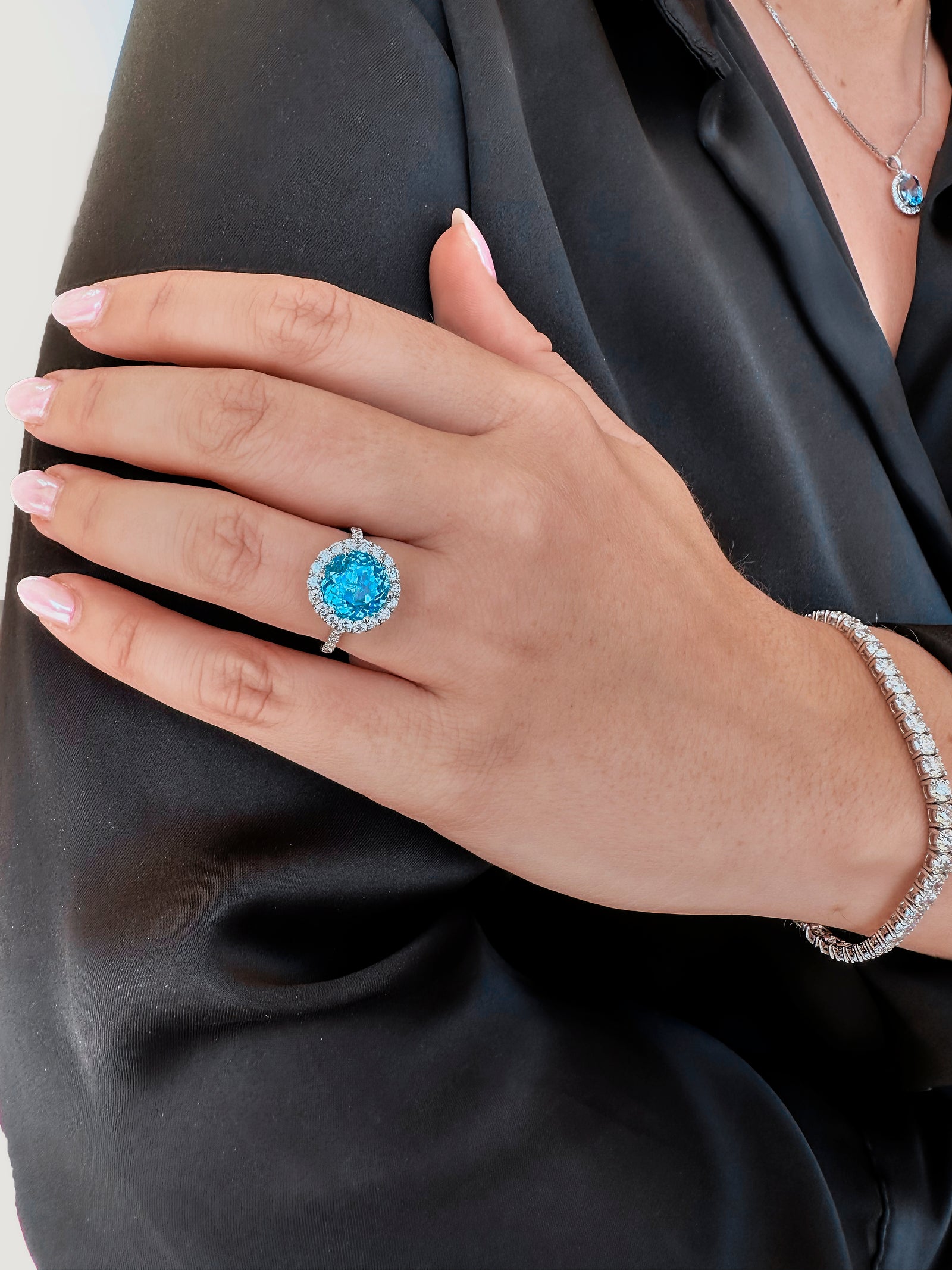 Round Halo Blue Topaz Ring
