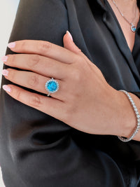 Round Halo Blue Topaz Ring
