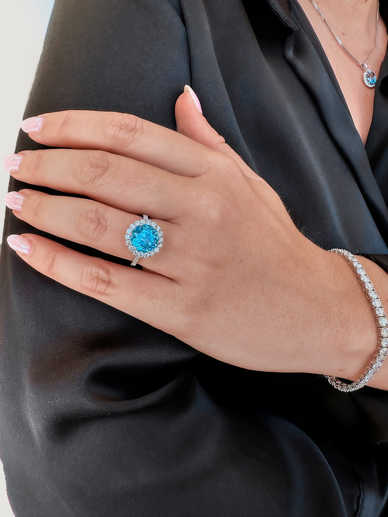 Round Halo Blue Topaz Ring