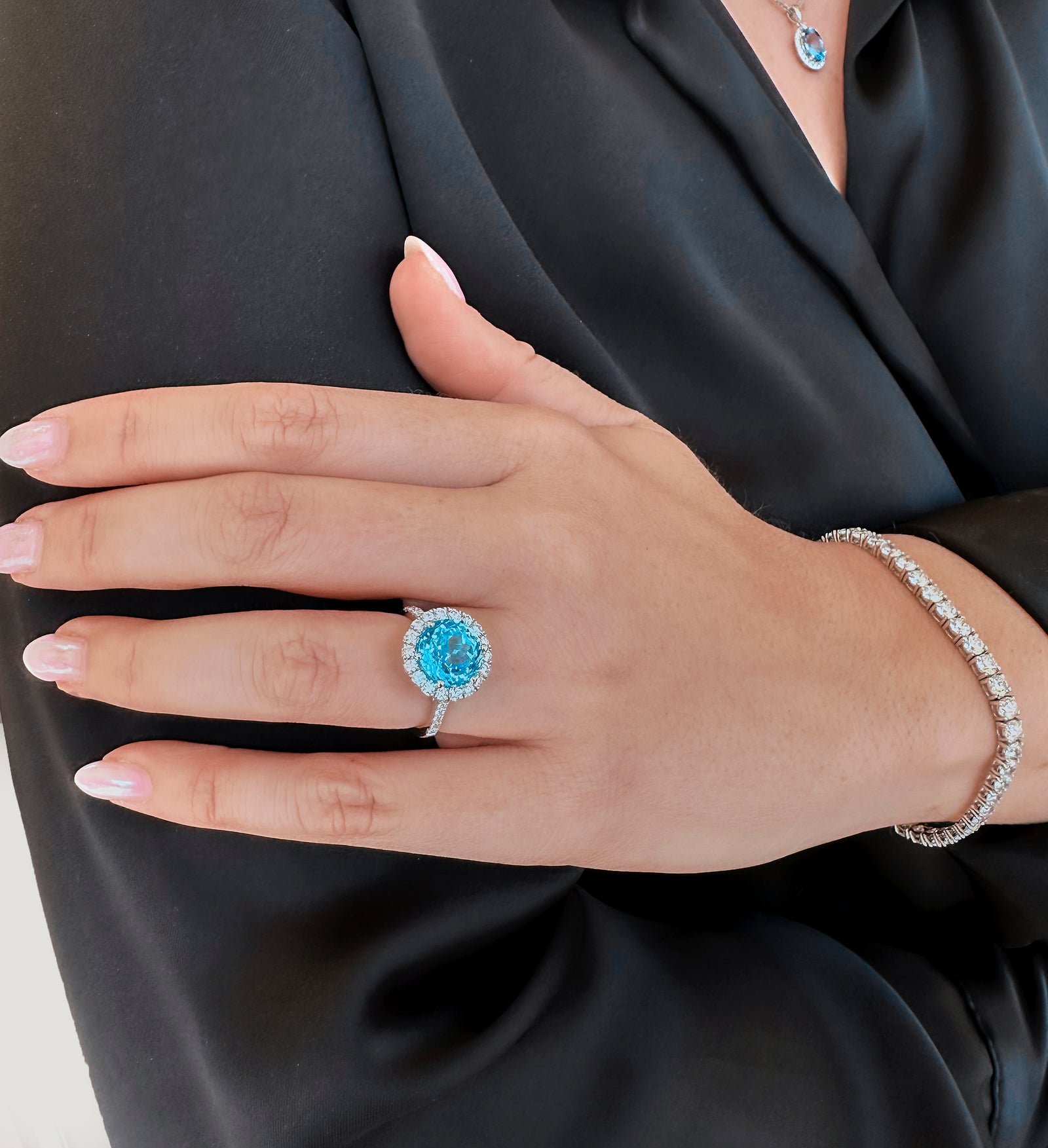 Round Halo Blue Topaz Ring