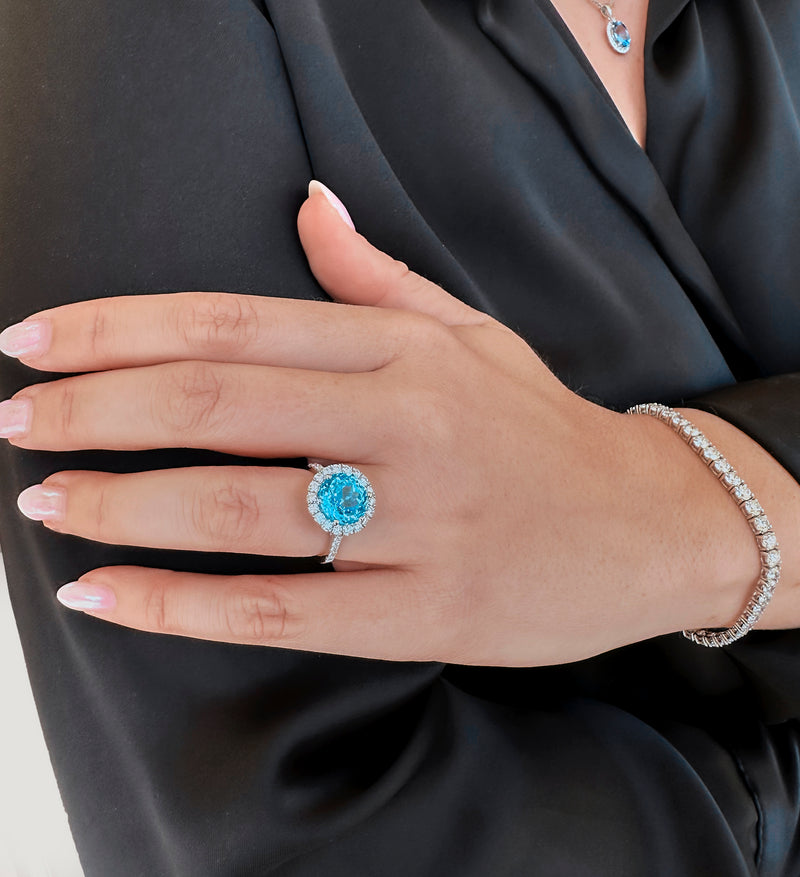 Round Halo Blue Topaz Ring