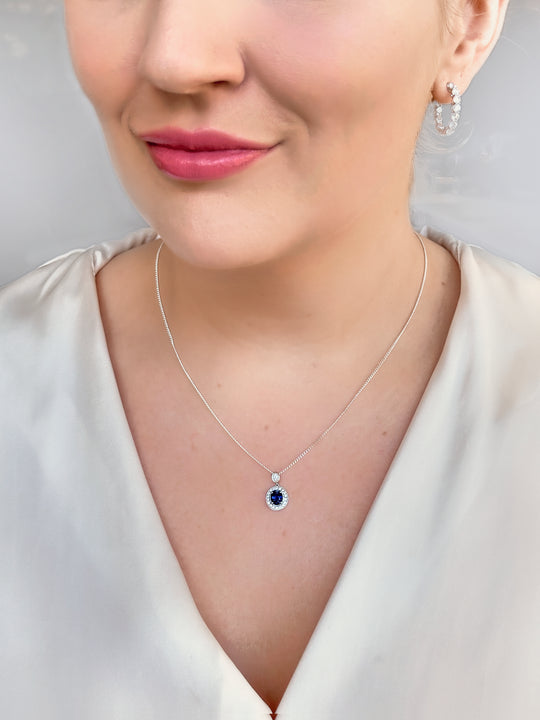 Blue Oval Sapphire and Diamond Pendant