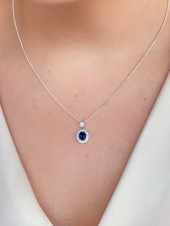 Blue Oval Sapphire and Diamond Pendant