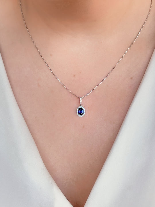 Deep Blue Oval Sapphire and Diamond Pendant