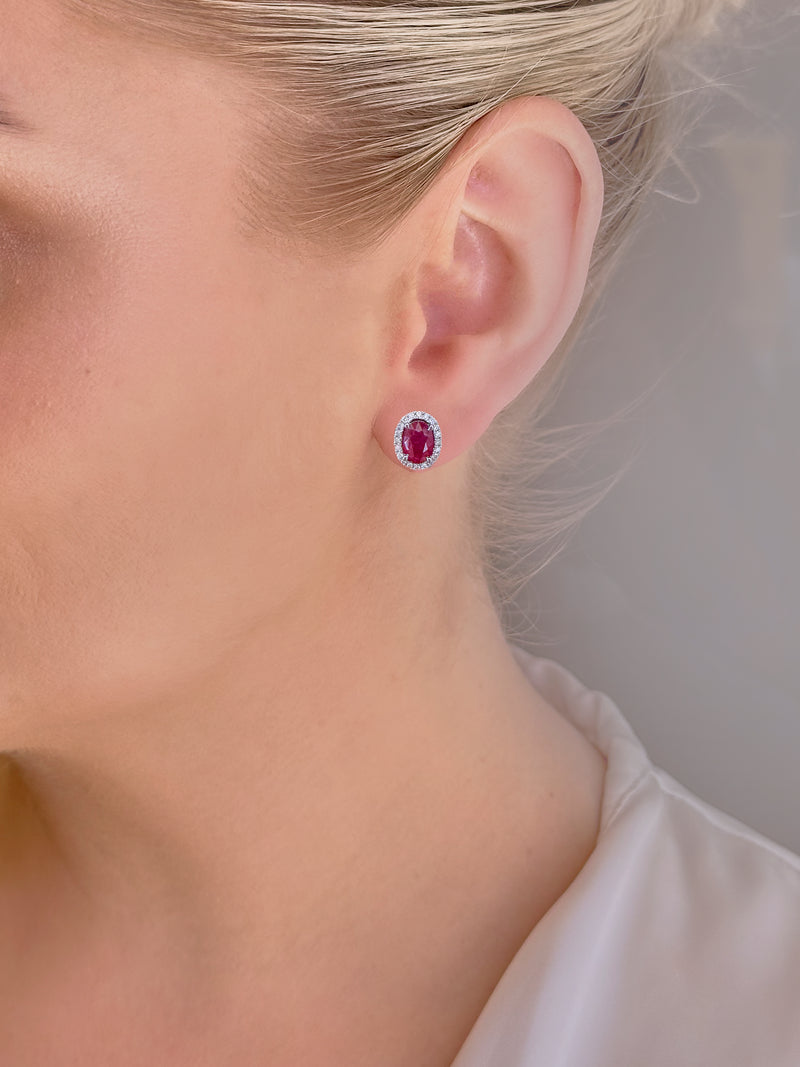 Oval Ruby Halo Studs