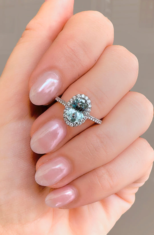 Aquamarine and Diamond Halo Ring