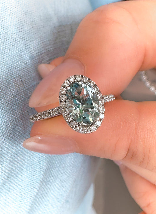 Aquamarine and Diamond Halo Ring