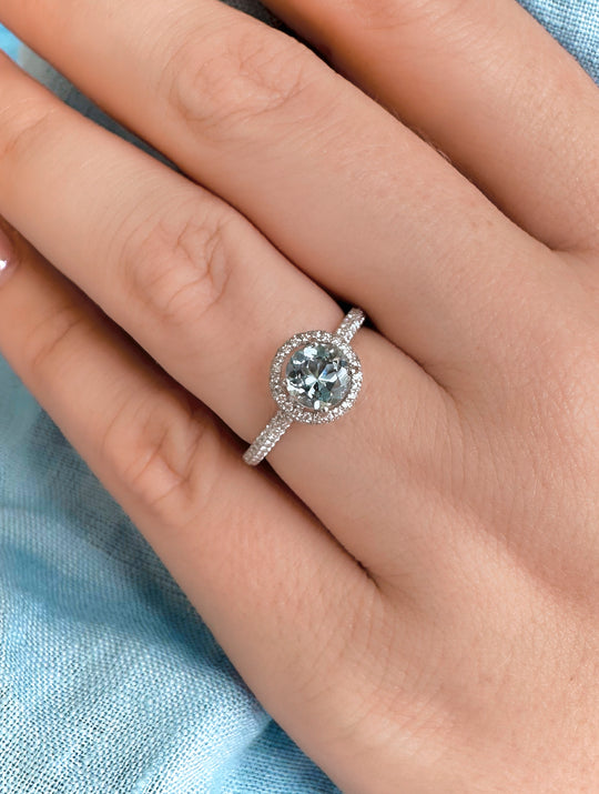 Aquamarine and Diamond Round Halo Ring