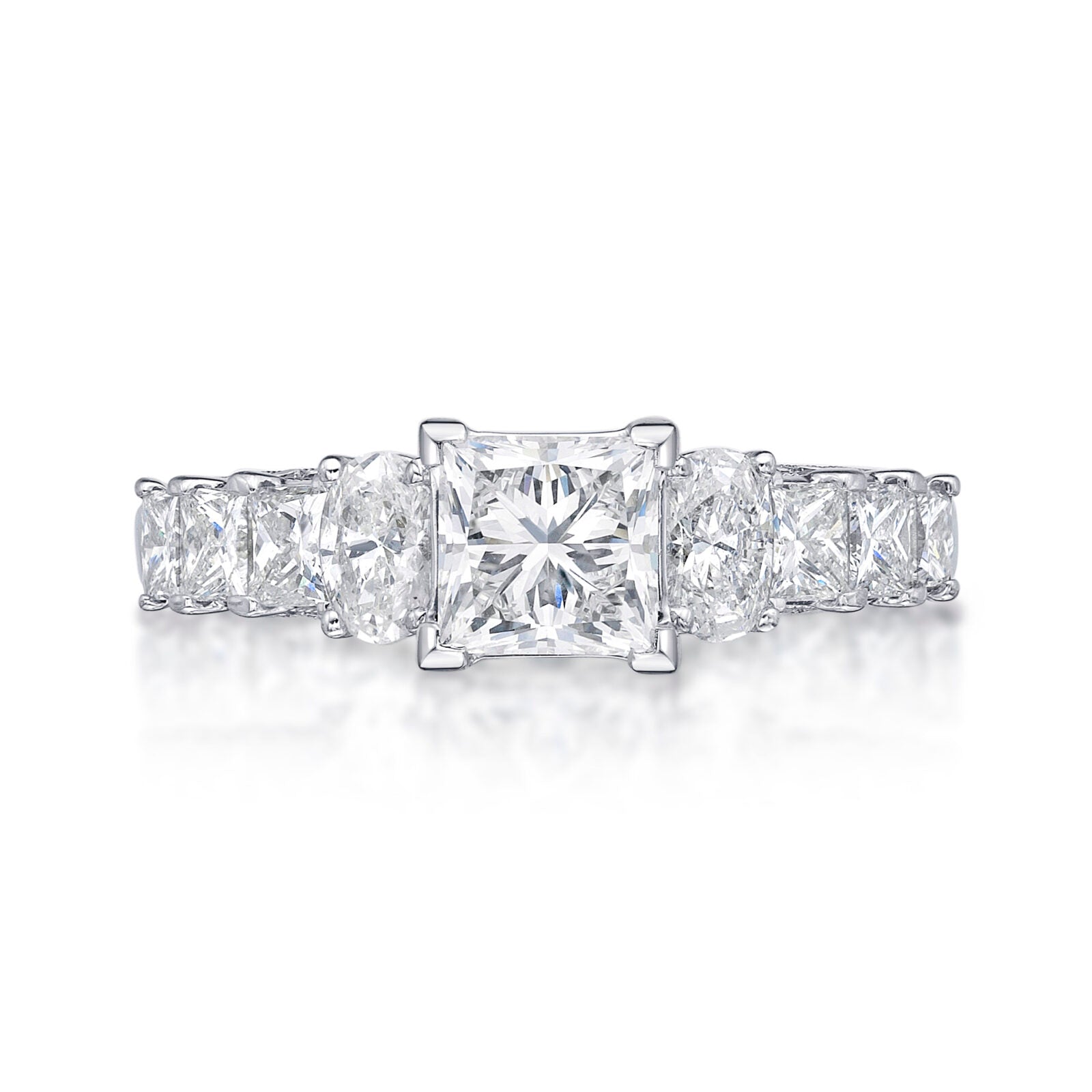 The Amelia princess cut engagement ring is a 18ct white gold ring featuring a princess cut diamond set in four claws