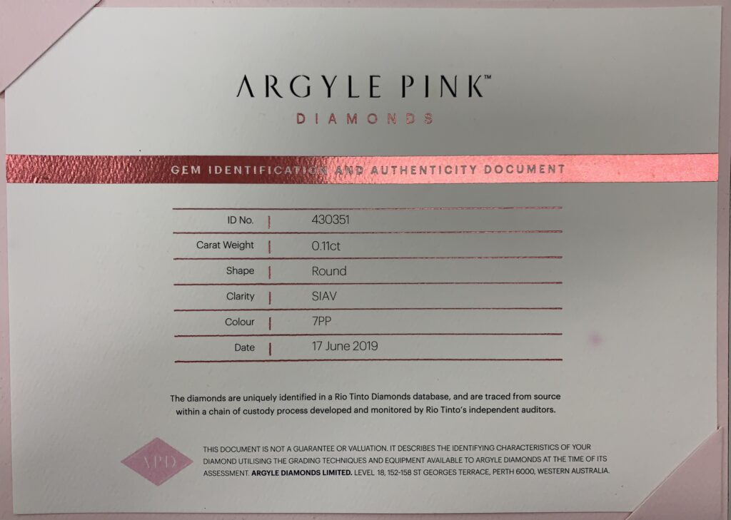 Pink Argyle Certified 0.11ct Round 7PP SIAV