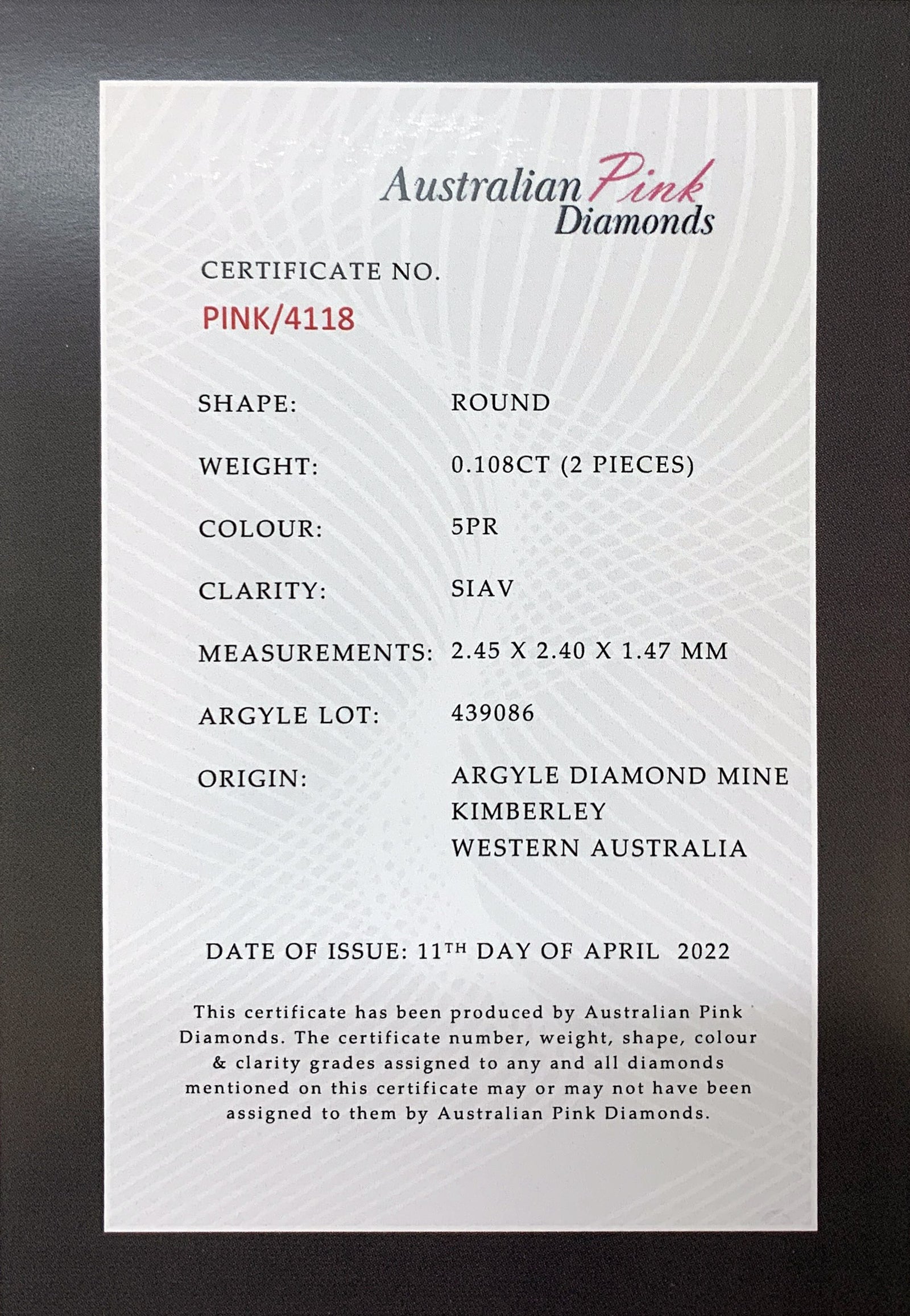 Argyle Certified Pink 2=0.108ct Round 5PR SIAV