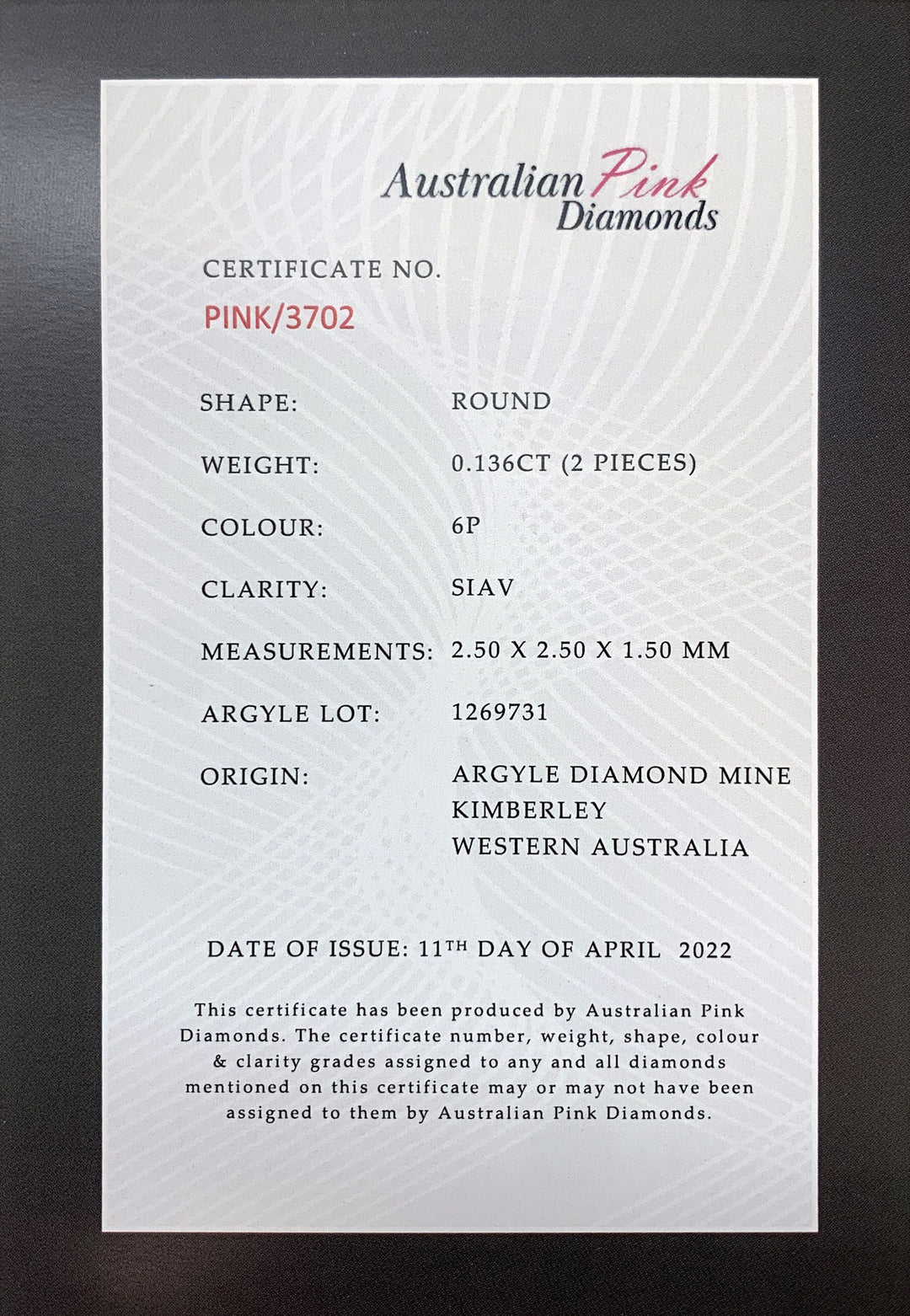 Argyle Certified Pink 2=0.136ct Round 6P SIAV