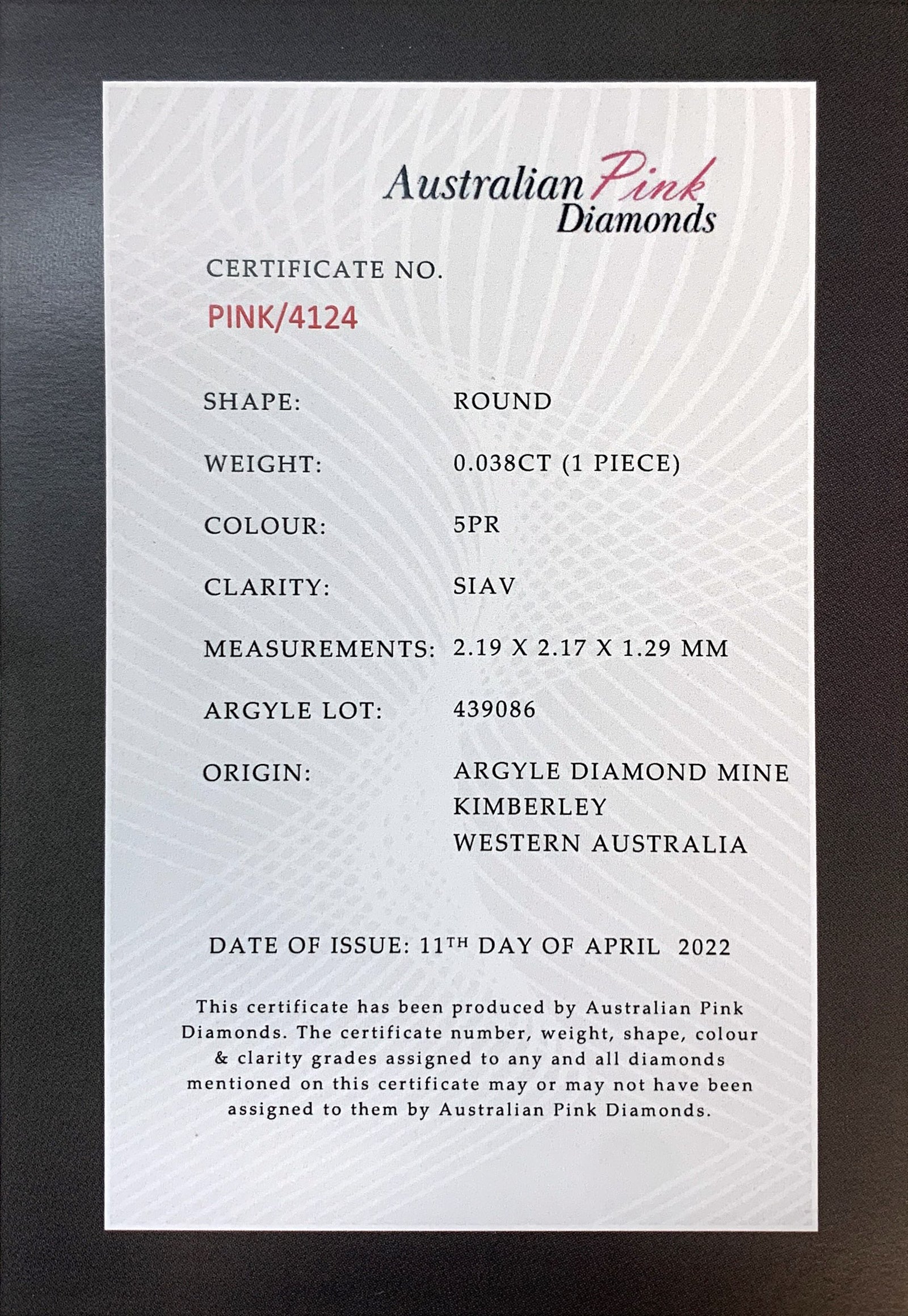 Argyle Certified Pink 0.038ct Round 5PR SIAV