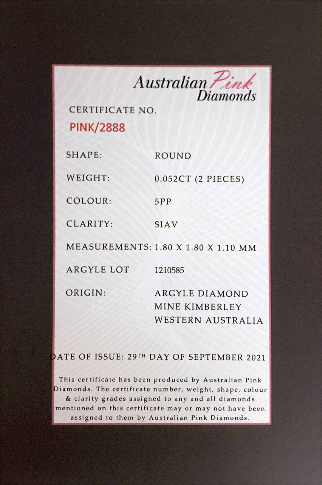 Argyle Certified Pink 2=0.052ct Round 5PP SIAV
