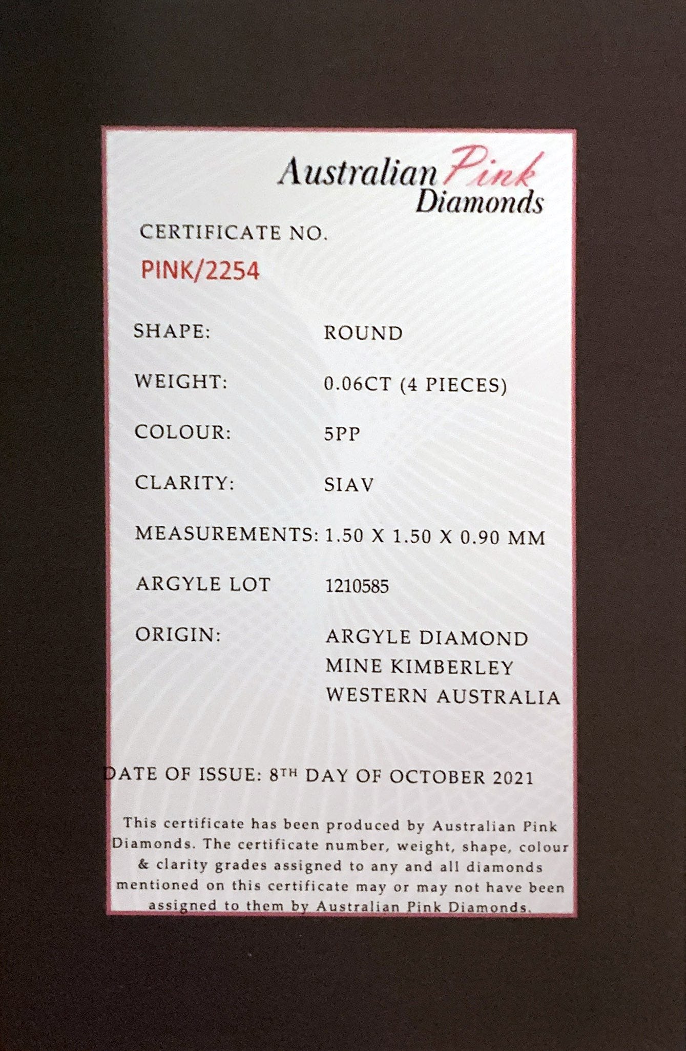 Argyle Certified Pink 4=0.06ct Round 5PP SIAV