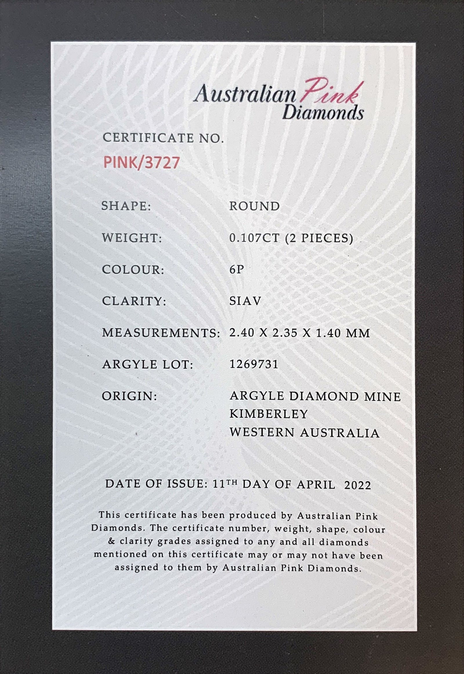 Argyle Certified Pink 2=0.107ct Round 6P SIAV