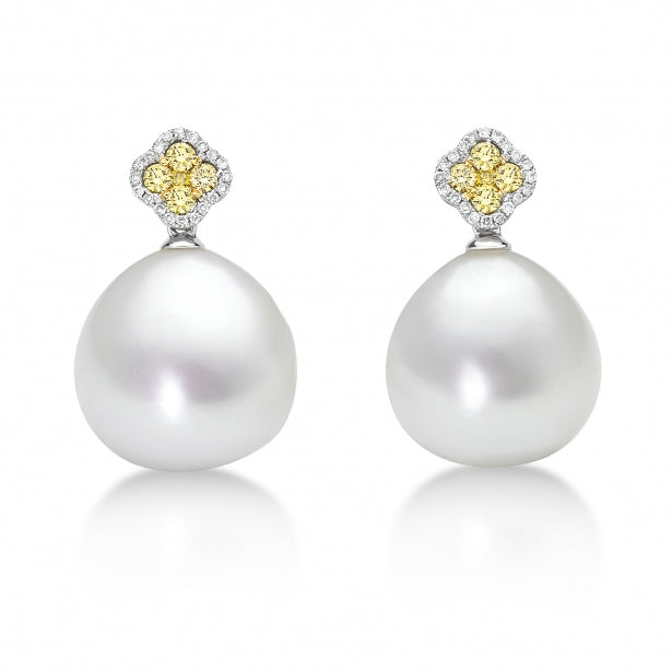 Pearl Earrings Yellow and White Diamonds