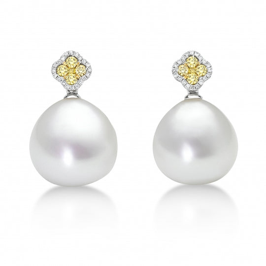 Pearl Earrings Yellow and White Diamonds